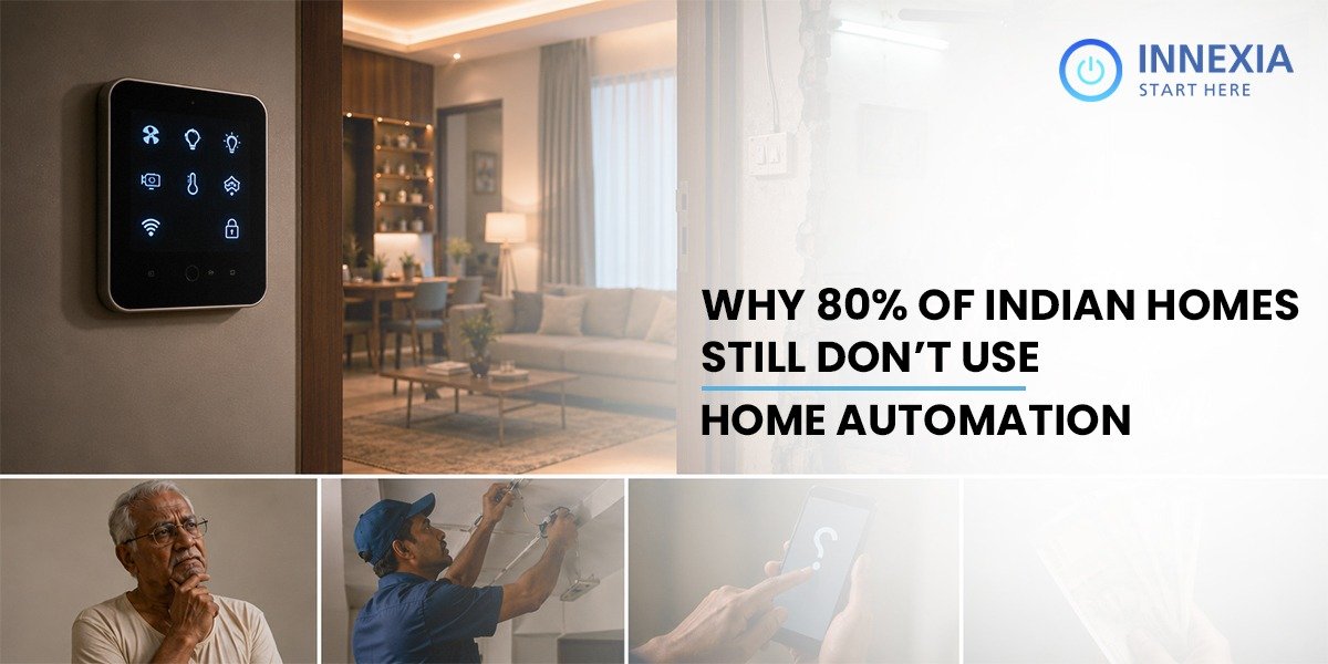 Modern Indian smart home with automation control panel, installer, smartphone app, and elderly homeowner