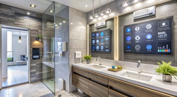 Modern bathroom with smart home technology.
